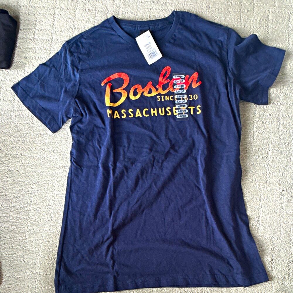 Men's Blue Boston Massachusetts Graphic Print Crew Neck Short Sleeve T-Shirt L
